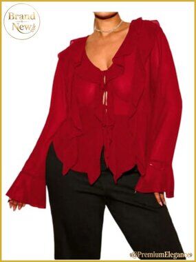 Ruffle Tie Front Chiffon Blouse Long Flare Sleeve Plus Size Top